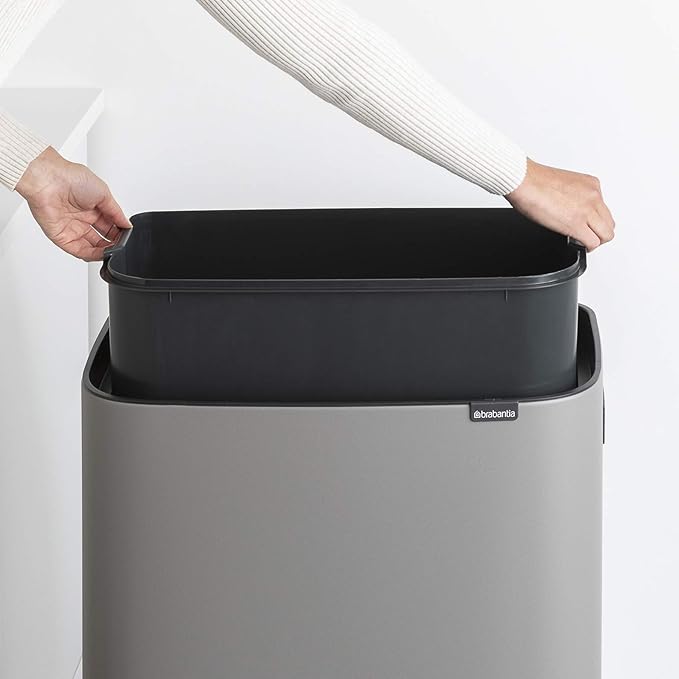 Brabantia Bo Hi Touch Top Kitchen Trash Can with Single Compartment &amp Raised Legs | Mineral Concrete Gray | 16 Gal Inner Bucket | Soft-Close Light Touch Opening Stay-Open Lid | + Trash Bags