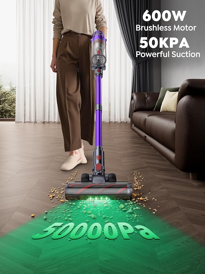 Cordless Vacuum Cleaner 600W 50KPA 65 Mins Runtime Vacuum Cleaners for Home Stick Vacuum with Self-Standing Wall Mount Charging and Intelligent Auto Mode Handheld Vacuum for Pet Hair/Carpet/Floor