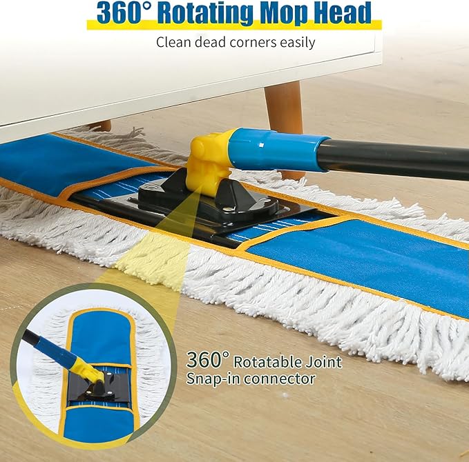 24 Commercial Dust Mop for Floor Cleaning Heavy Duty Large Industrial Floor Duster with 2 Cotton Mops Pads Wet Dry Mops for Hardwood FloorsConcreteMarbleLaminateTileGarageBlue