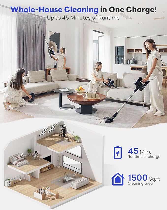 Cordless Vacuum Cleaner 45KPA Stick Vacuum Cleaners for Home with Up to 45 Mins Runtime 6-in-1 Rechargeable Lightweight Vacuum with Powerful Suction for Carpets Pet Hair Hardwood Floors
