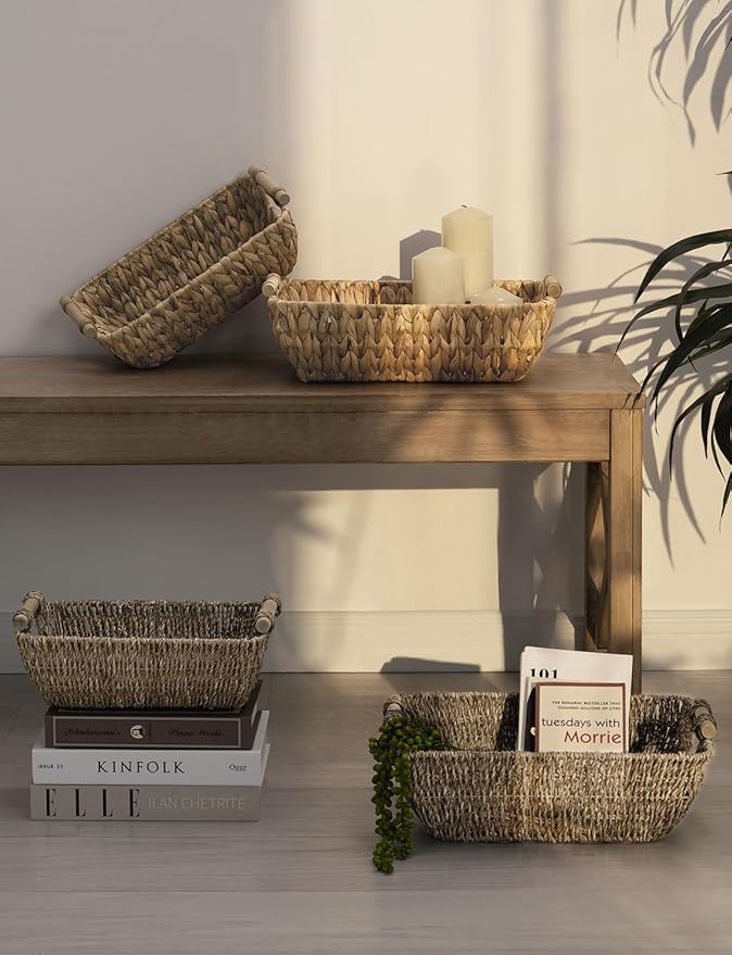 StorageWorks Small Baskets for Shelf Seagrass Woven Basket with Wooden Handles for Gifts 2-Pack