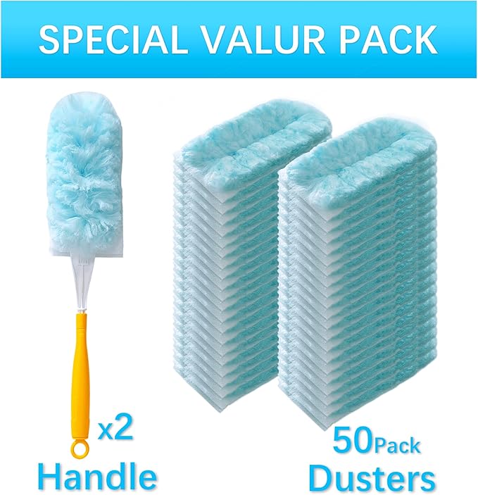 50 Count Duster Refills for Swiffer Dusters with 2 Handle 360° Heavy Duty Duster for Swiffer Duster Refill4X Microfibers Disposable Duster Refills Kit for Cleaning Home Office Corners Blinds