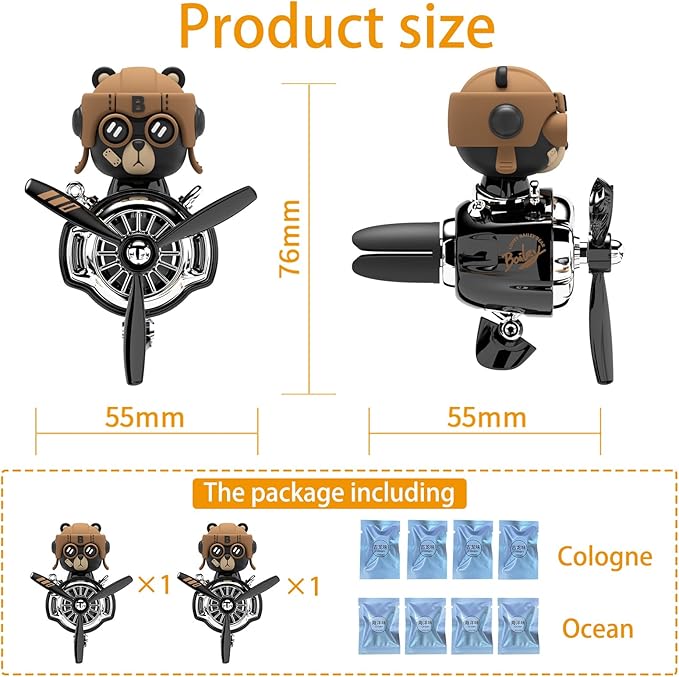 2Pcs Car Air Fresheners Cute Bear Pilot Automotive Air Outlet Creative Car Perfume Diffuser Automotive Accessories Air Vent Decoration with 8 Fragrant Tablets (Black 5+Black 5)