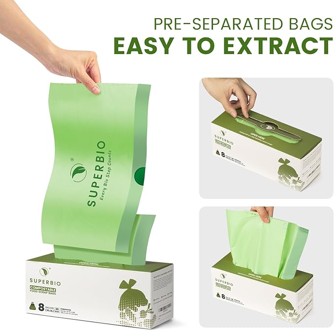 SUPERBIO 8 Gallon Compostable Drawstring Kitchen Waste Bags30.3 Liter 30 Count 1 MilHeavy Duty Food Waste Bags BPI Seedling and OK compost INDUSTRIAL