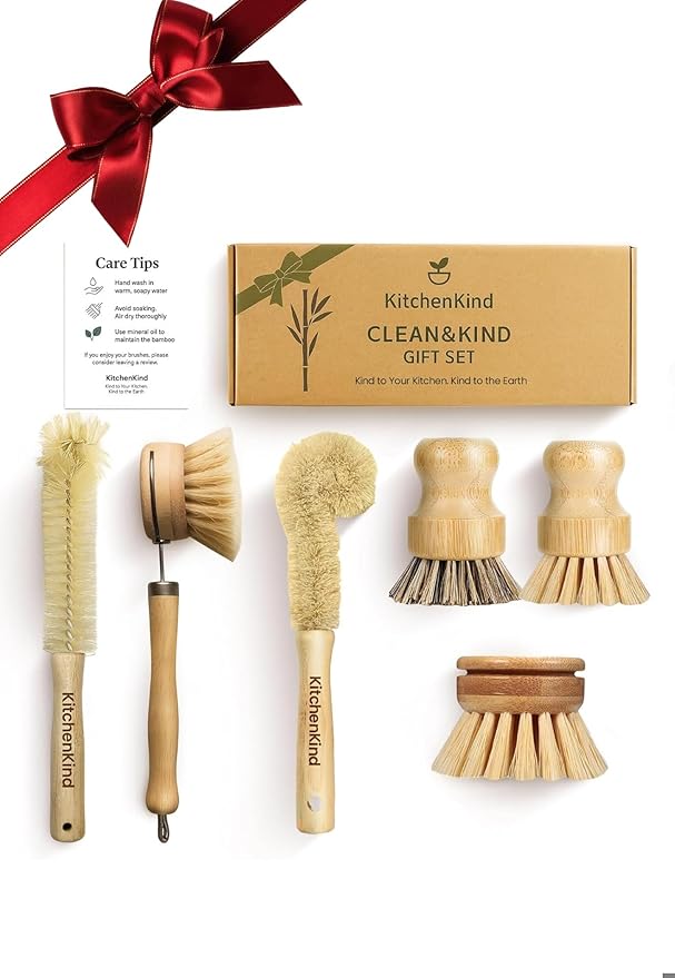Clean &amp Kind Gift Set – Premium 6-Piece Eco-Friendly Bamboo Kitchen Brush Set with Natural Bristles &amp Wooden Handles