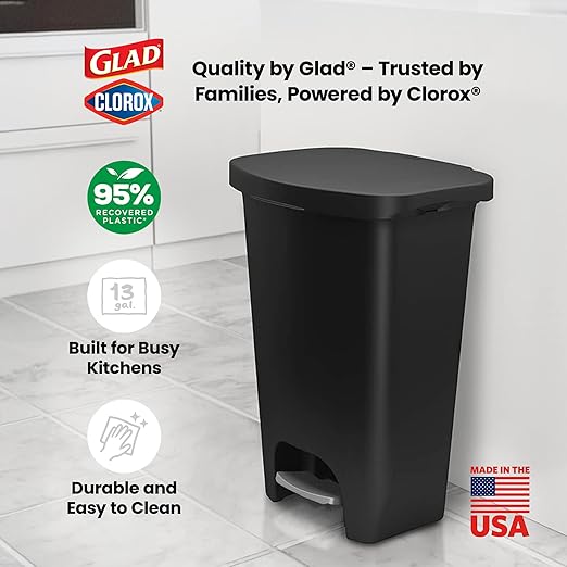 Glad 13 Gallon Trash Can | Plastic Kitchen Waste Bin with Odor Protection of Lid | Hands Free with Step On Foot Pedal and Garbage Bag Rings Black
