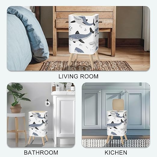 Small Trash Can with Lid seamless pattern cute sharks white Funny smiling sharks Sea ocean sea 2.6 Gallon/10L Garbage Can Waste Bin with Pop-Up Lid Wood Legs Wastebasket for Bathroom Kitchen Bedroom