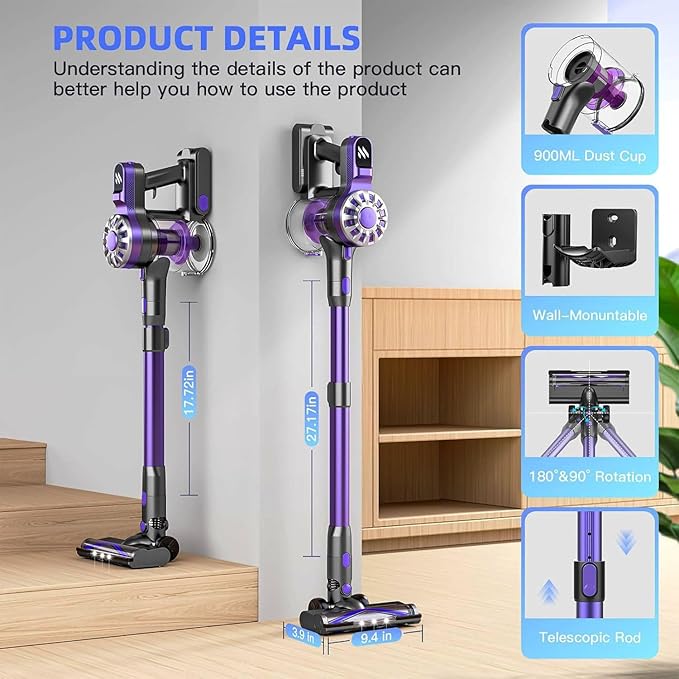 Cordless Vacuum Cleaner for HomeLightweight Stick Vacuum Cordless Rechargeable with Power Suction Up to 35 Mins Runtime Hardwood Floor Vacuum for Pet HairCarpetsTile(Black)