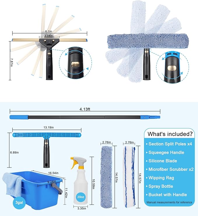 Window Cleaning Kit with Storage Bucket Window Squeegee with 4.13ft Extension Pole Scrubber Spray BottleDuster Cloth Squeegee with Rotating Head Professional Window Cleaning Tools
