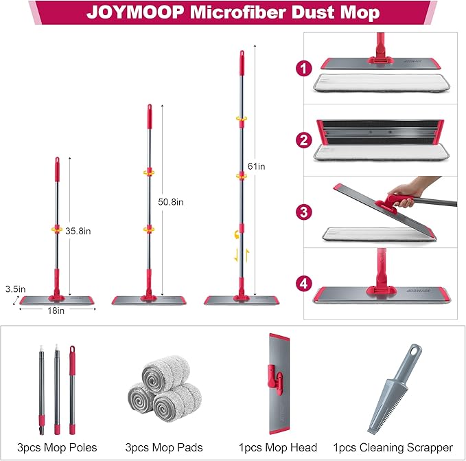 JOYMOOP 18 Inch Dust Mop for Hardwood Floors Heavy Duty Industrial Wet Dry Mops with Telescopic Handle Includes 3 Microfiber Mop Pads - Red-Grey