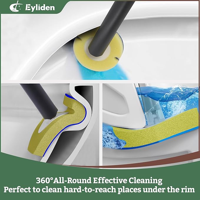 Eyliden Disposable Toilet Brush and Plunger Combo | 2-in-1 Toilet Bowl Wand Kit - 10 Count Pre-Soaked Refill Heads 3-Step Plunger Storage Holder - Compact Toilet Cleaning System (Black)