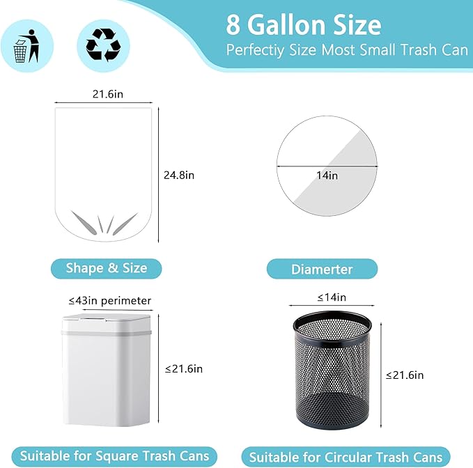 300 Count 7-9 Gallon Trash Bags 13 Micron Extra Thick 8 Gallon Medium Garbage Bags Unscented White Wastebasket Trash Can Liners for Bathroom Kitchen Home Office