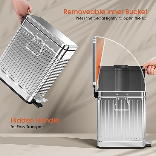 Small Bathroom Trash Can with Lid Soft Close 6L / 1.6 Gallon Stainless Steel Garbage Can with Step Pedal &amp Odor Control Slim Trash Bin for Toilet Office Bedroom - Sliver