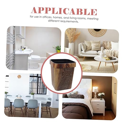 Square Trash Can with Faux Wood Grain Pattern Lidless Plastic Wastebasket with Removable Press Ring for Convenient Bag Attachment Rustic Vanity Waste Bin for Office Bedroom Kitchen