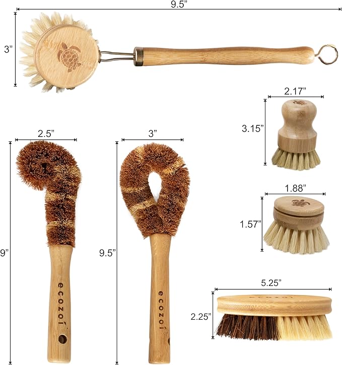 Ecozoi Bamboo Dish Brush Set 6 Piece for Vegetable and Kitchen Dish Cleaning Sisal &amp Coconut Fibers with Bamboo Handles Kitchen Brushes for Dishes Pots Pans