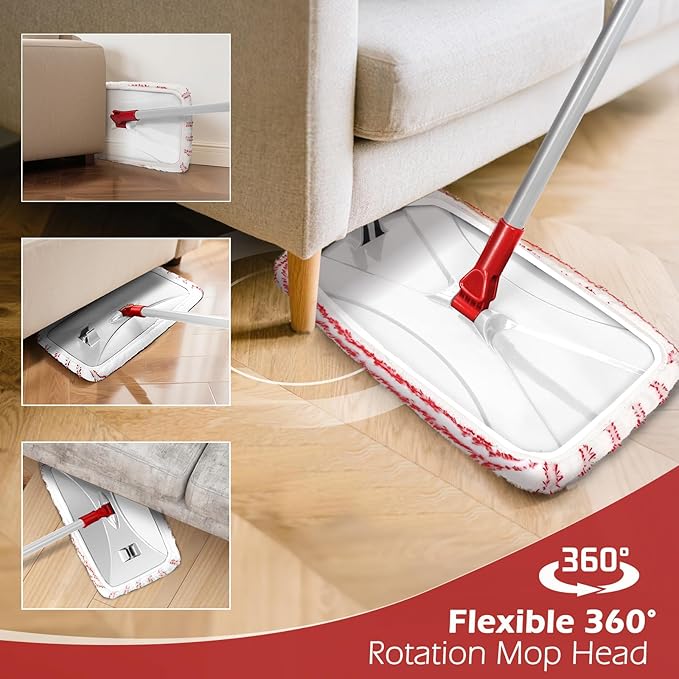 Masthome Extra Large Microfiber Mop for Floor Cleaning 16“ Flat Mop with 5 Pad for Wet &amp Dry Use Dust Mop for Hardwood Laminate Tile Ceramic 1 Cleaning Scraper Included-Red