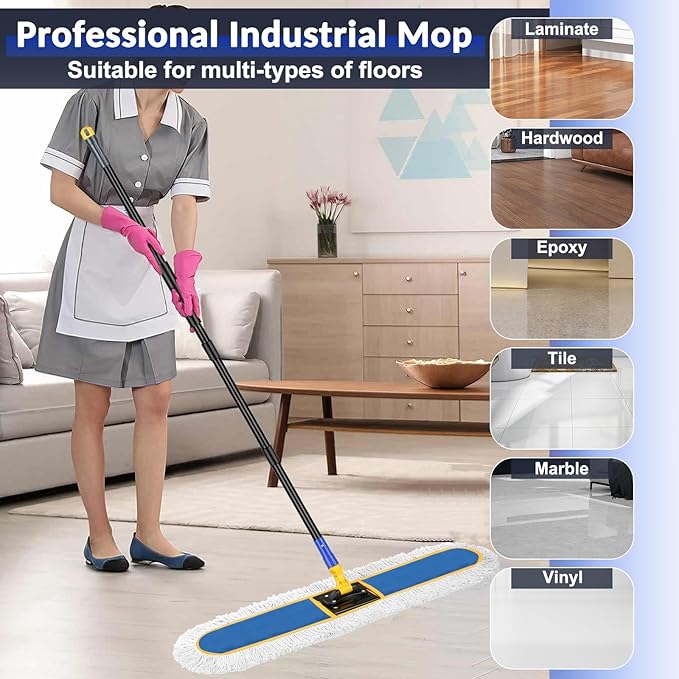 CLDREAM 24 Commercial Dust Mop for Floor Cleaning with 2 Mop Head Large Industrial Push Broom Mops with 60 Long HandleWet Dry Floor Duster for Concrete Hardwood Tiles Marble Floors