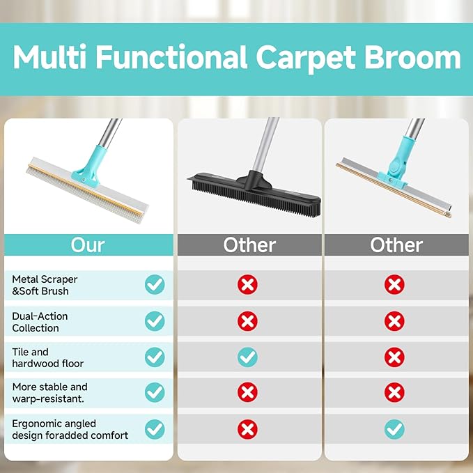 Carpet Rake for Pet Hair Removal Tool Reusable Pet Hair Remover Broom Dog&ampCat Hair Remover Scraper Rake with 54” Adjustable Long Handle 3 Pcs Carpet Brush Rake for Rugs Mats Couch Furniture