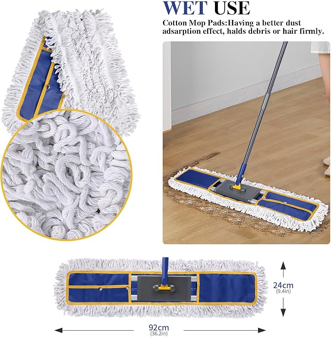 36 Commercial Mop for Floor Cleaning Masthome Heavy Duty Industrial Mop with 3 Pads Professional Microfiber Mops with 60'' Long HandleLarge Dust Mops for Office Garage Warehouse Factory Mall(Blue)