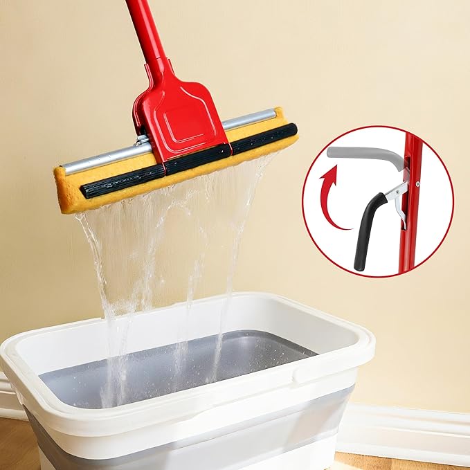 Compressed Cellulose Sponge Mop with 2 Roller swop mop Heads and 1 Bucket Suitable for Wood Ceramic Tiles and Other Flat and Smooth Floors(1 Handle with 2heads and 1 Bucket)