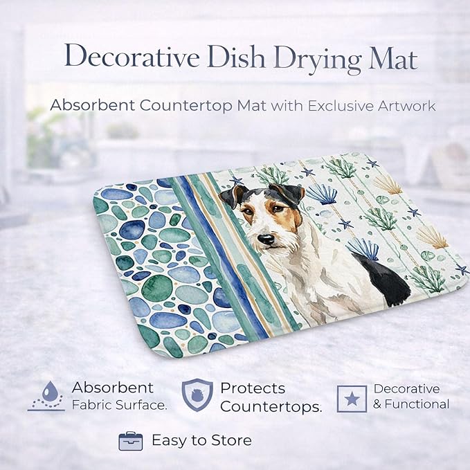 Caroline's Treasures Smooth Fox Terrier Coastal Sea Glass Dish Drying Mat Absorbent Dish Drying Mat Pad for Kitchen Counter Dish Drainer Mat for Countertop 14 x 21 Multicolor