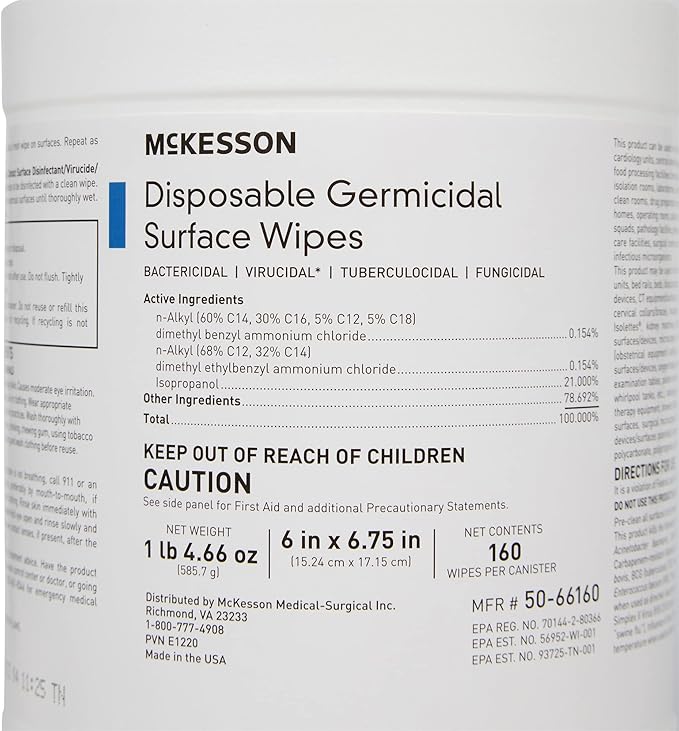 McKesson Germicidal Surface Wipes Pre-Moistened Alcohol Cleaning Wipes for Hard Surfaces Non-Woven Cloth - 6 in x 6 3/4 in 160 Wipes 1 Pack 1 Count (Pack of 160)