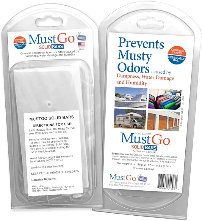 Odor Eliminator MultiPack - Controls Removes and Prevents Musty Smells in Closets Basements Attics Sheds and Storage Units - Unscented - Solid Bars and Spray (8oz)