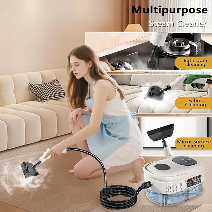 Handheld Steam Cleaner 1000ml Water Tank 15S Heat-up Time Multipurpose Steamer for Home Use Pressurized Steamer for Cleaning Floor Upholstery Grout and Car White