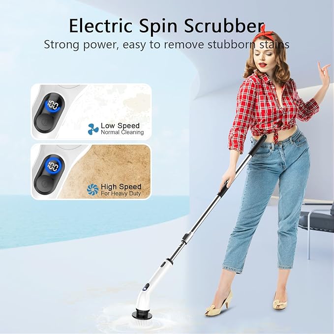 TUYU Electric Spin Scrubber Full-Body IPX7 Waterproof Bathroom Scrubber with Power LCD Display 8 Replacement Head Adjustable Extension Handle Cordless Shower Cleaner Brush for Bathtub Cleaning