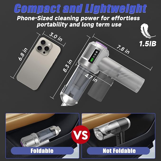 Car Vacuum Cleaner 18000PA Brushless Motor Hand Held VacuumAir Duster 120W High Power Mini Vacuum Cleaner Foldable with LED Screen for Home Car Office Pet