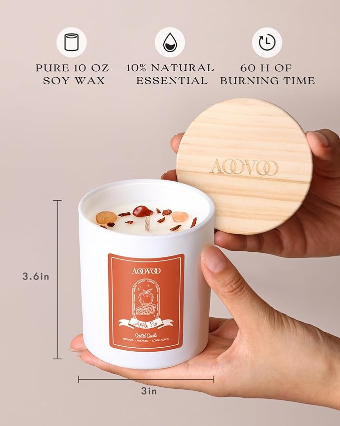 AOOVOO Apple Pie Scented Candles for Women - Aromatherapy Candle with Crystals Inside 10oz Soy Candles for Home Scented Birthday Gifts Valentines Day Candle for Women Mom