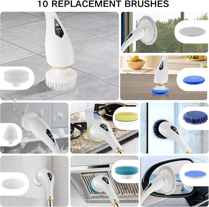 Electric Spin Scrubber Cordless Shower Cleaning Brush with 10 Replaceable Brush Heads Extendable Handle Up to 59 2 Speed Waterproof 2H Cleaning Time for Bathroom Shower Tile Glass Car