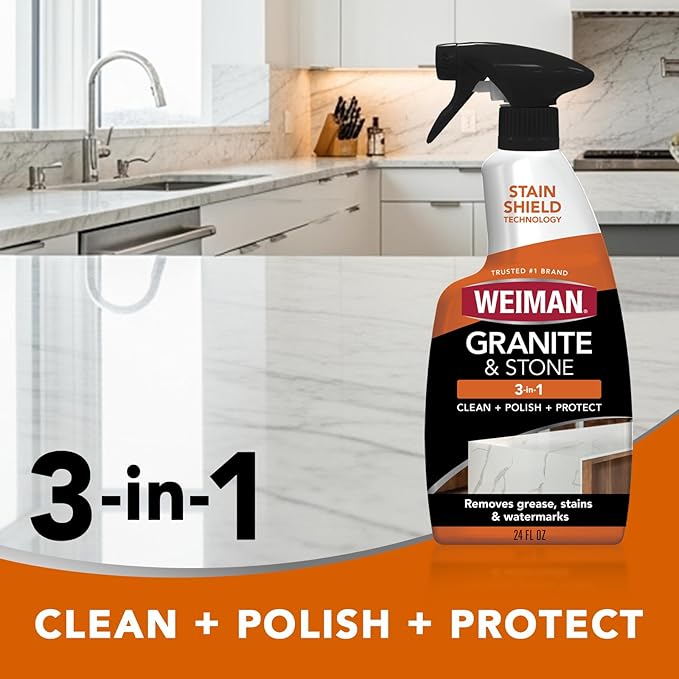 Weiman Complete Countertop Clean &amp Protect Kit - For Granite Marble Quartz &amp Stone - Granite &amp Stone Cleaner and Polish - 24 oz Granite &amp Stone Sealer -24 oz