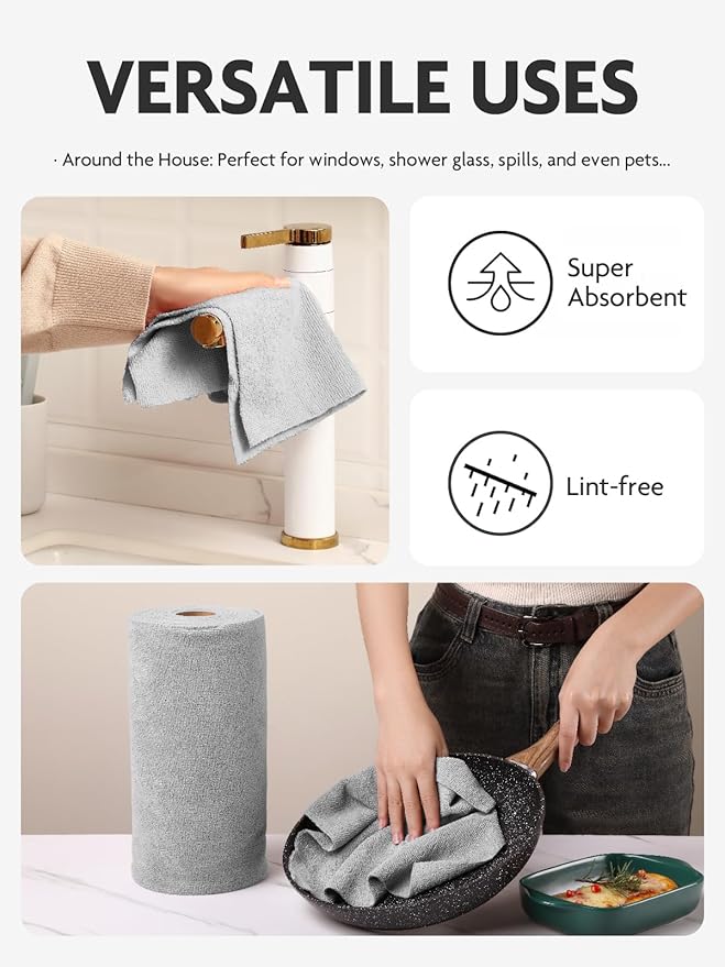 Fantasticlean Microfiber Cleaning Cloth Roll -60 Pack Tear Away Microfiber Towels 12 x 12 Reusable Washable Scratch Free Ultra Absorbent for All-Around Cleaning Supplies (Grey &amp DimGrey)