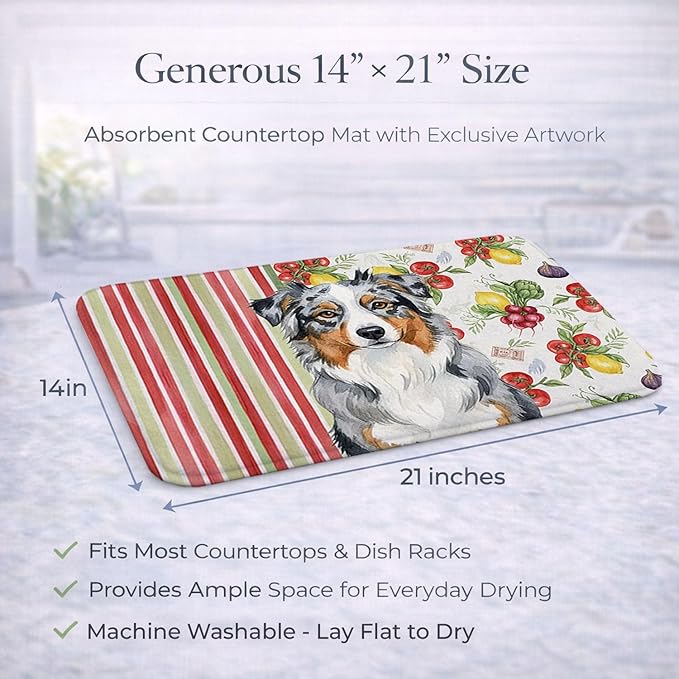 Caroline's Treasures Blue Merle Australian Shepherd Vegetables Dish Drying Mat Absorbent Dish Drying Mat Pad for Kitchen Counter Dish Drainer Mat for Countertop 14 x 21 Multicolor