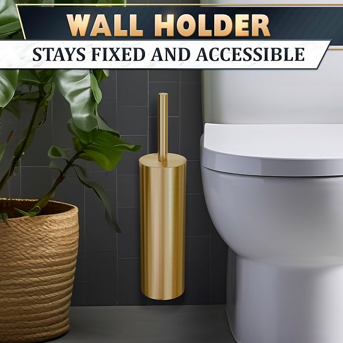 Gold Toilet Brush and Holder Set with Wall Mount - Modern Wall Mounted Toilet Brush Made from Corrosion-Resistant Stainless Steel - Removable Inner Bowl Splash Protection &amp Dense Bristles Supplie