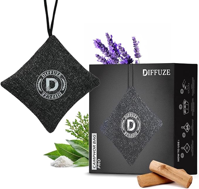 DIFFUZE Camphor Bag Pro | 4-in-1 Luxury Air Freshener for Car &amp Home | Grey Jute Bag with Herbs Lavender Sandalwood &amp Charcoal | Long Lasting Natural Car Perfume &amp Air Purifier