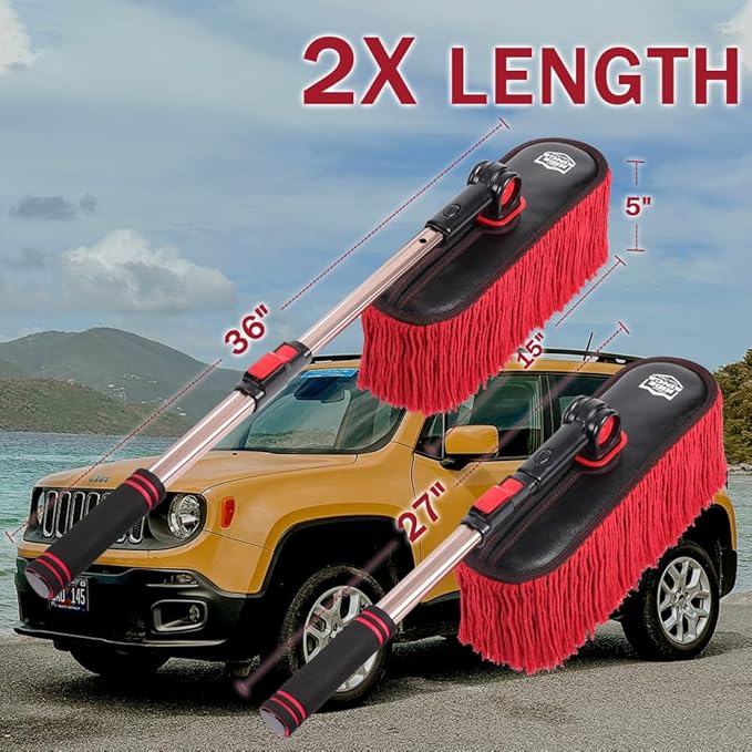 Car Duster Exterior with Extendable Handle Scratch Free Auto Wash Brush Mop Interior Detailing Kit for Truck RV Boat - Wax Cotton Duster &amp Interior Brush Red