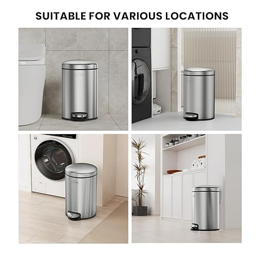mVm Bathroom Trash Can3.2Gallon(12L) Office Trash Cans Step Round Garbage Can with Lid Soft-Close Anti-Fingerprint.Brushed Stainless Steel Trash Can for BathroomOfficeBedroomLiving Room(Gray)