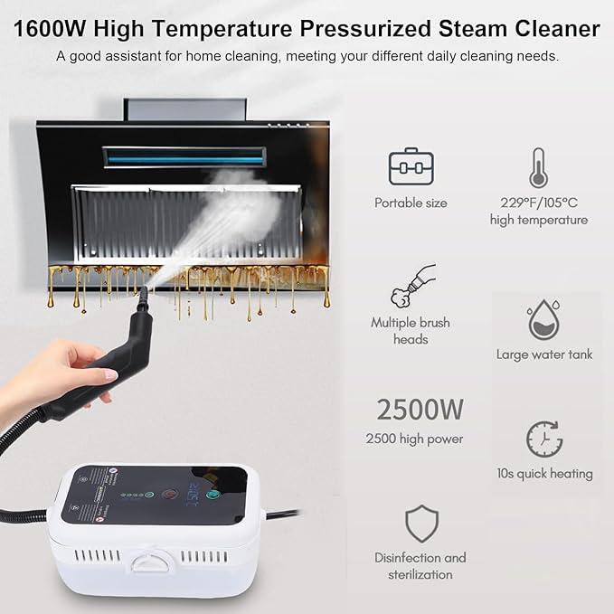 Generic Steam Cleaner Portable High Temperature Handheld Steam Cleaner with Brush Kit for Kitchen Hood Grill Furniture Bathroom Car (white)