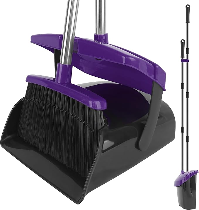 Broom and Dustpan Set 51 Long Handle Broom with Dustpan Combo Set Windproof and Self-Cleaning Teeth Purple Household Dust Pan Set Sweep Kitchen Office Lobby Pet Room