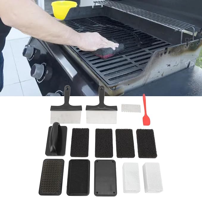 Griddle Cleaning Kit Grill Cleaning Kit with Anti - Hot Handle Sponge and Stainless Steel Scraper Multifunctional BBQ Cleaning Tools for Flat Top Grills and Outdoor Cooking (14Pcs)