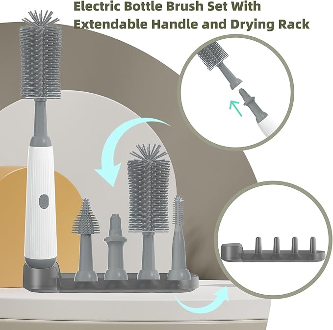 Electric Baby Bottle Brush Cleaner with Extended Handle &amp Drying Holder Baby Bottle Brush Set with Silicone Bottle/Nipple/Crevice/BrushStraw CleanerLifesaver Automatic Bottle CleanerGray