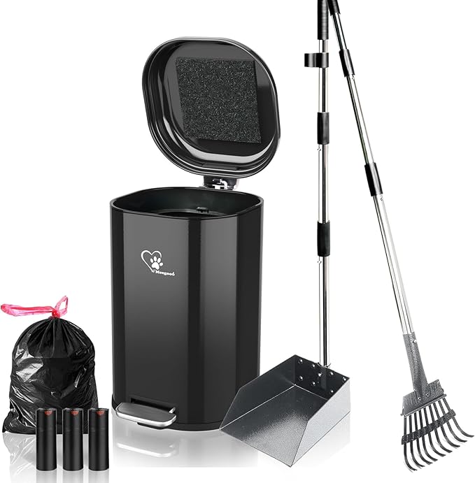 Dog Poop Trash Can Outside Waste Bin with Lid and Removable InnerMetal Rake Pooper Scooper Odor Control for Indoor/Outdoor Dog Waste for BathroomKitchen