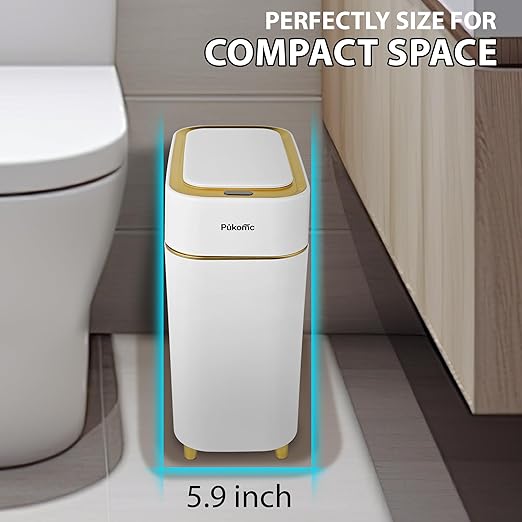 Pukomc 2.3 Gallon / 9L Automatic Adsorption Sensor Trash Can White Gold Motion Sensor Garbage Bin with Suction Slim Fashionable Design for Kitchen Bathroom Office &amp Small Space