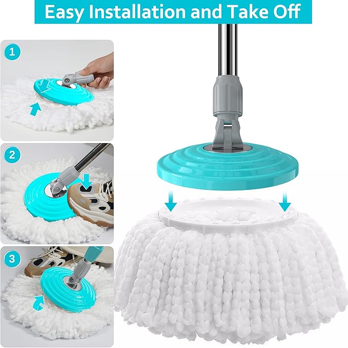 Stainless Steel Extendable Mop Handle with 2 Microfiber Replacement Heads &amp 360° Rotating Base Plate — Fits Standard Mop Buckets -Blue