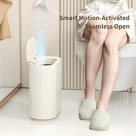 MRBIN Small Trash Can for Bathroom Automatic Touch Less Garbage Bin with Lid 2 Gallon Plastic Slim Waste Basket for Office and Kitchen Electric Motion Sensor Bedroom Bin Cream White