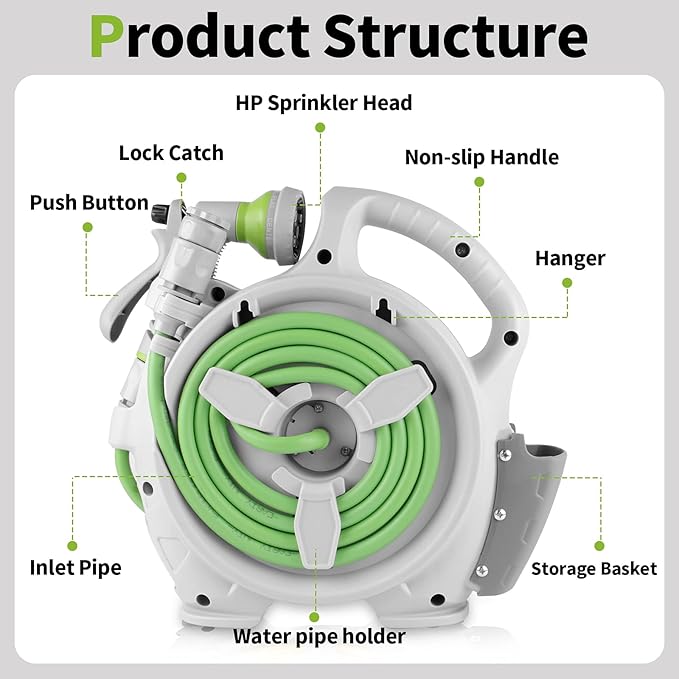Garden Retractable Hose Reel Portable Simple Home Hose Reel 45+5 FT with 7 Patterns Spray Nozzle Wall Mounted and Any Length Lock for Garden Watering Car Washing Pet (Green)