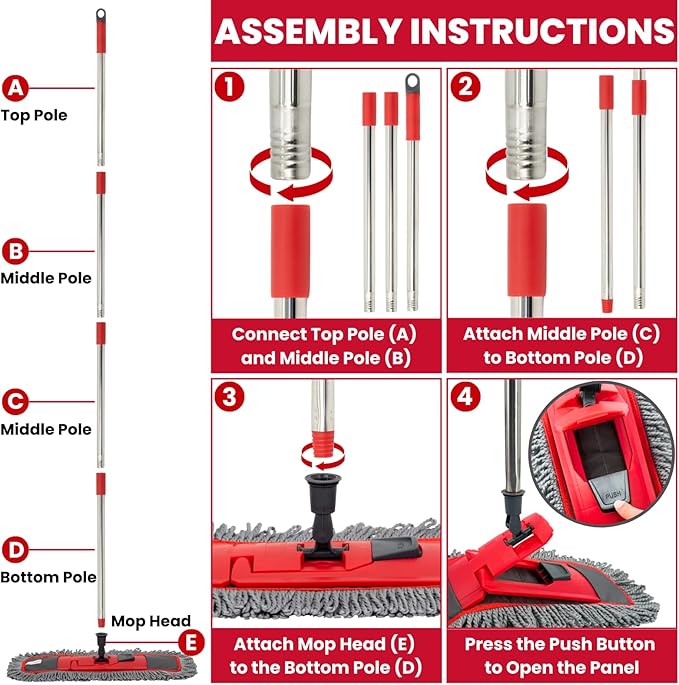 Dust Mop for Floor Cleaning with 4-in-1 Washable Pad System Wet &amp Dry Multi-Purpose Mop with Built-In Scraper and Extra-Long 62'' Stainless Steel Handle for HardwoodVinylLaminateTileMarble Fl