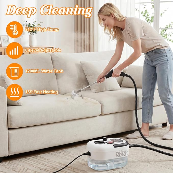 Handheld Steam Cleaner 2500W Portable Steamer with 6.56FT Long Hose 6-Level Adjustable 15s Heat-Up 1.2L Large Tank Multi-Purpose Steamer for Home Car Bathroom Grease (White)